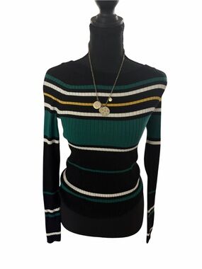 Striped Ribbed Long-Sleeve Sweater - Black & Teal Express
